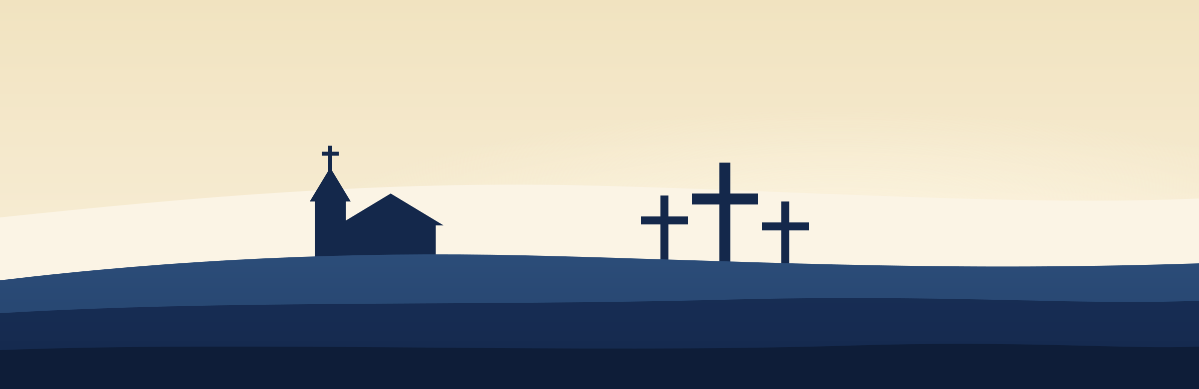 A country church and three crosses on rolling hills at dusk